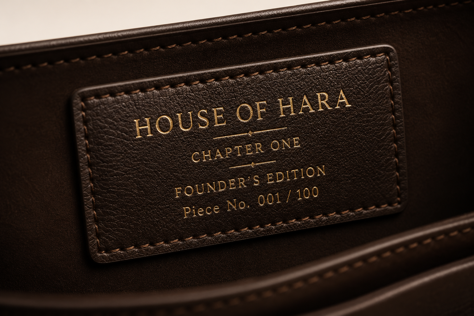 Macro photograph of the House of HARA Founder's Edition leather plate, gold-foiled and numbered 001 / 100