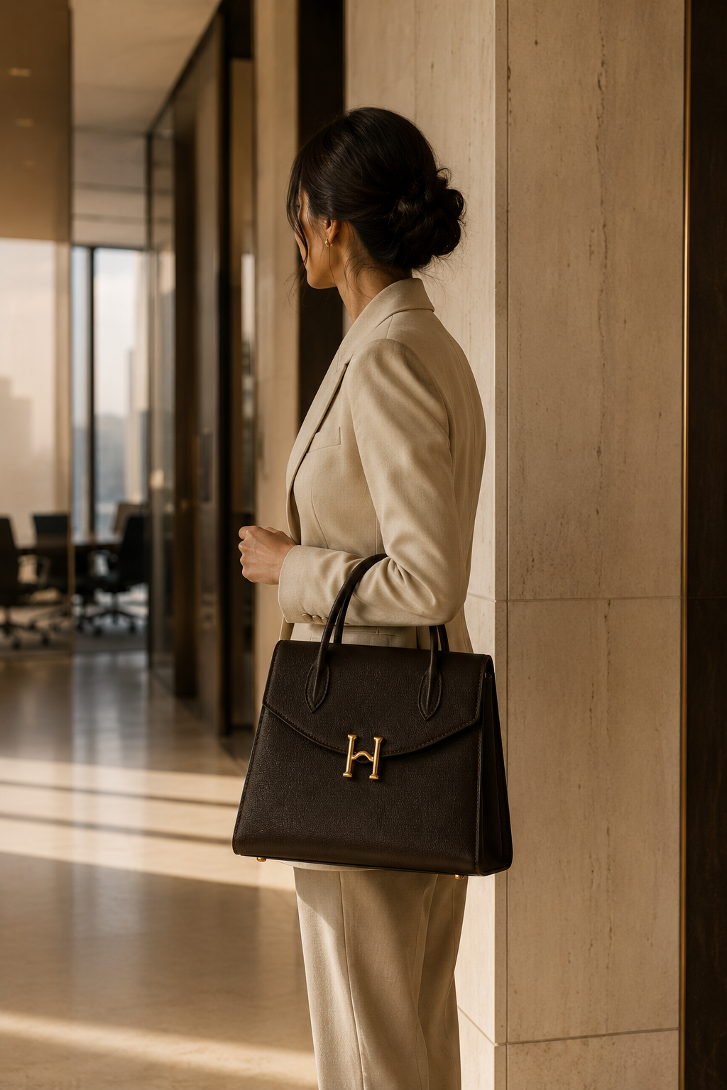 A woman carrying the HARA Founder's Edition after a meeting